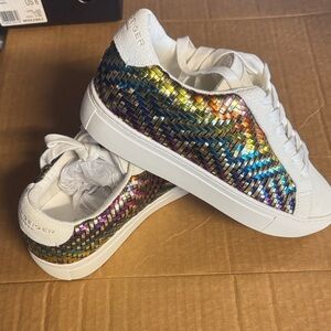 Kurt Geiger Women's White and Multicolor sparkle rainbow Sneakers